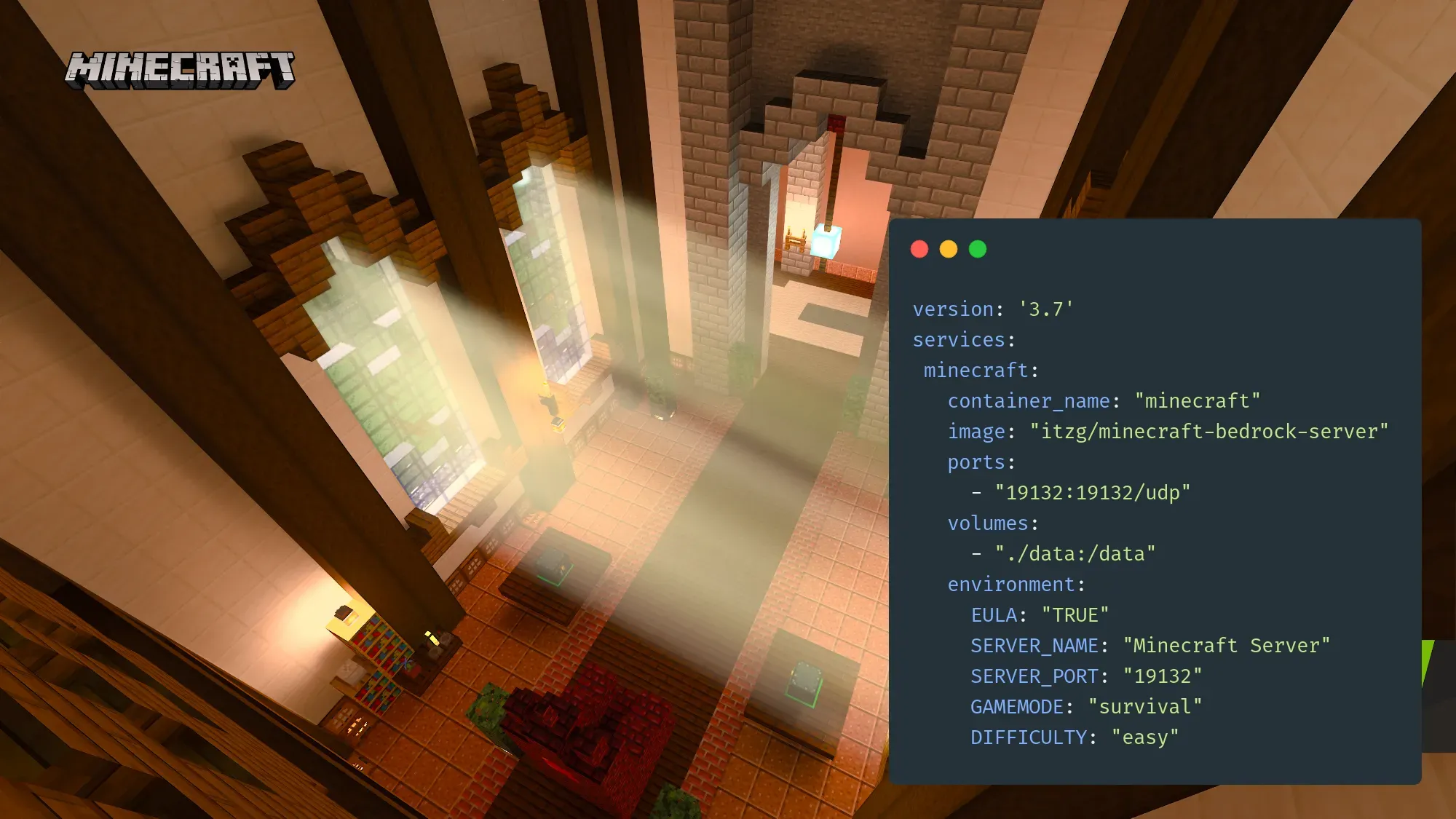 Screenshot of Minecraft with an overlay of the Docker compose file.